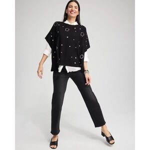 NWT Chicos Poncho Womens L/XL Black White Polka‎ Dot Embellish Knit Cape NEW